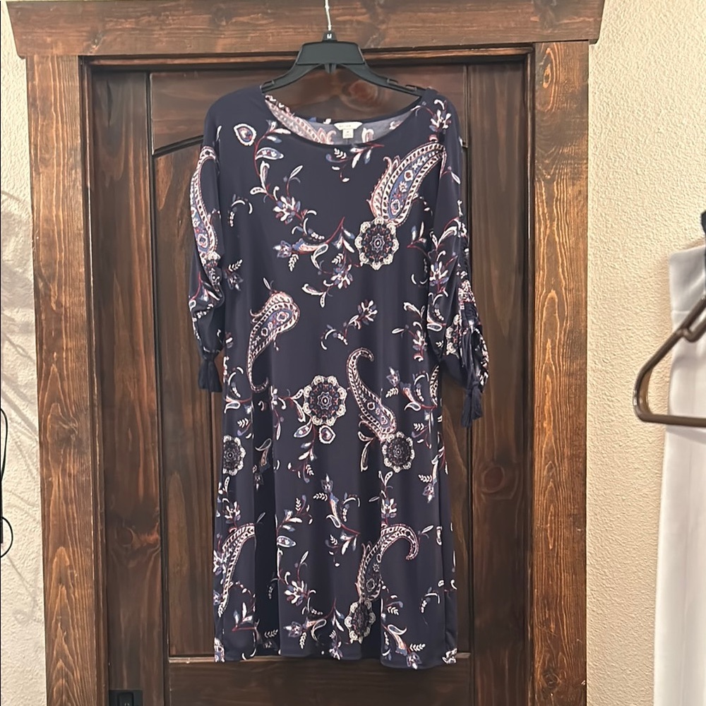 Blue A-line Knee-length Dress with 3/4 Flutter Sleeves for Casual Work